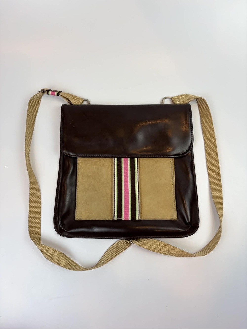 Tote Le Monde Brown Leather Crossbody Messenger Bag with Genuine Suede Panels